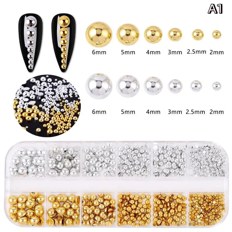 12Grids Mixed Semi-circular Pearl Gold Silver Nail Charms Decor Qme A1