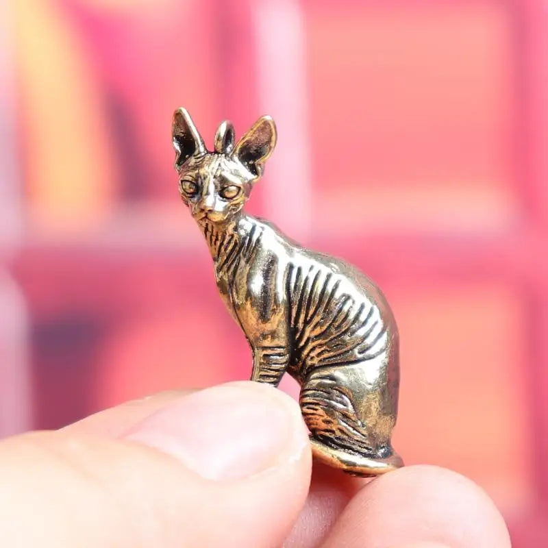 Solid Brass Hairless Cat Small Statue Desktop Ornaments Vintage Qme