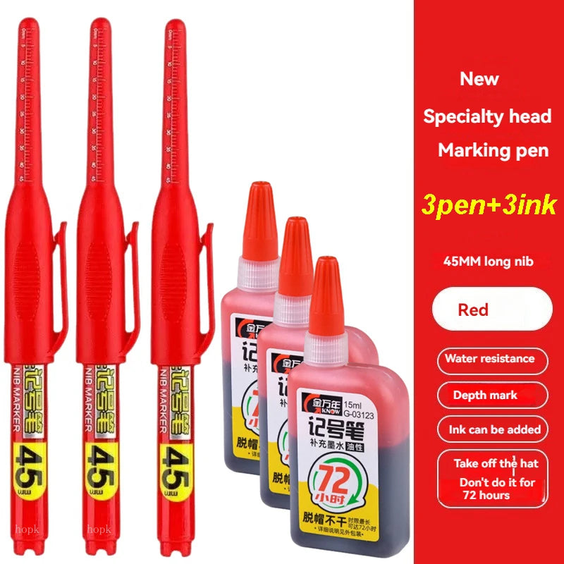 1-40Pcs 45mm Waterproof Deep Hole Marker Pens Long Nib Head Carpenter Pen Black White Ink for Multi-Purpose Woodworking Tools Qme red 3pen 3ink
