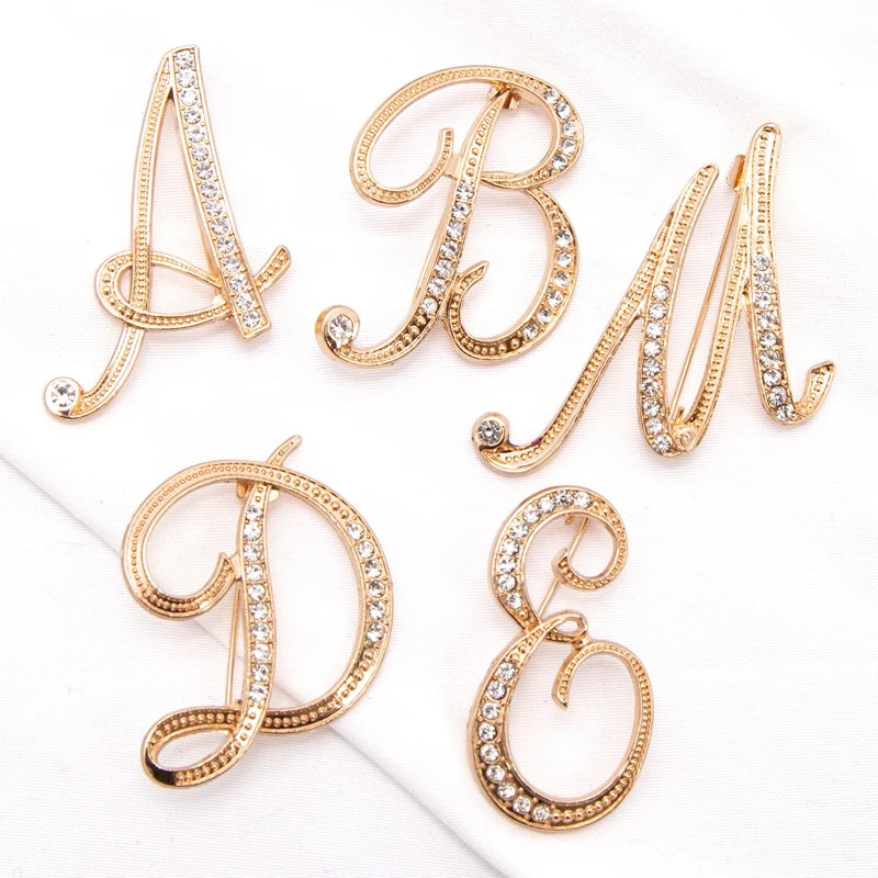 Women Luxury Letter Brooch Pins Gold Rhinestones Crystal English Qme