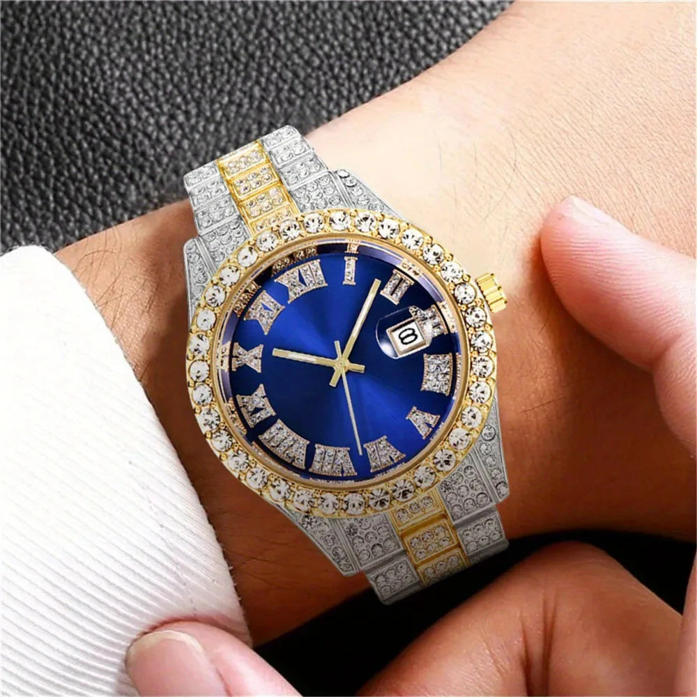 4pcs Men's Hip Hop Cuban Chain Bracelet and Watch Set Hip Hop Cuban Chain with Quartz Watch Qme