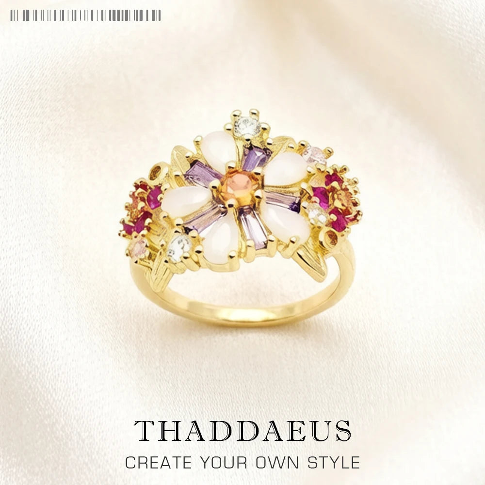 Colourful Flowers Ring 2023 Brand New Fine Jewerly Bohemia 925 Sterling Silver Gift For Women Qme Gold 9