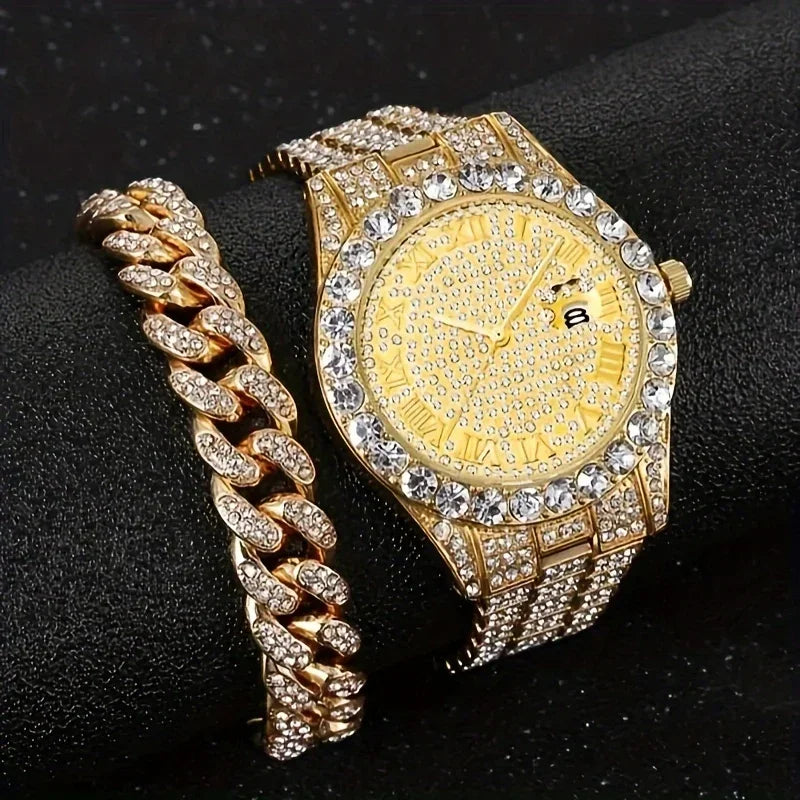 2pcs/set, Rhinestone Studded Calendar Ladies Quartz Watch And 1pc Rhinestone Jewelry Set Qme