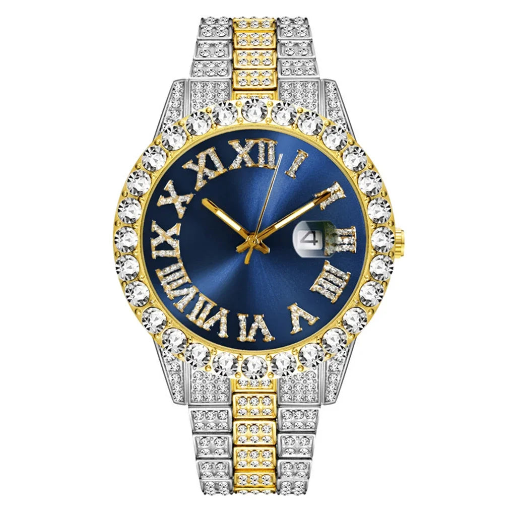 Iced Out Watch Men Luxury Brand Full Diamond Mens Watches AAA CZ Quartz Men's Watch Waterproof Hip Hop Male Clock Gift for Men Qme Blue