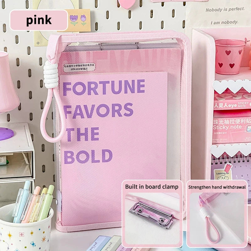 Portable File Folder Case Storage Organizer Bags Transparent Handle Qme 33CM pink