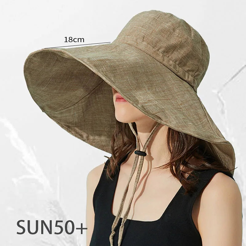 Summer Wide Brim Sun Hat Women's Foldable Travel Packable Bucket Hat Japanese UV Sunscreen Cotton Linen Beach Hat Fisherman Hat Qme