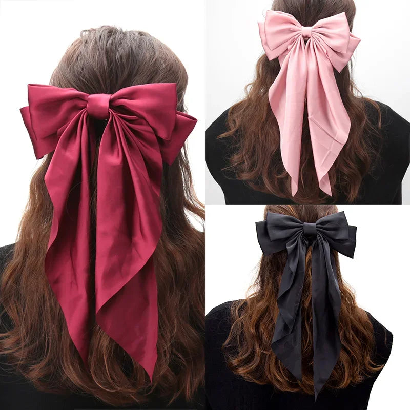 Elegant Women Bow Ribbon Hair Clip Fashion Simple Solid Satin Spring Qme