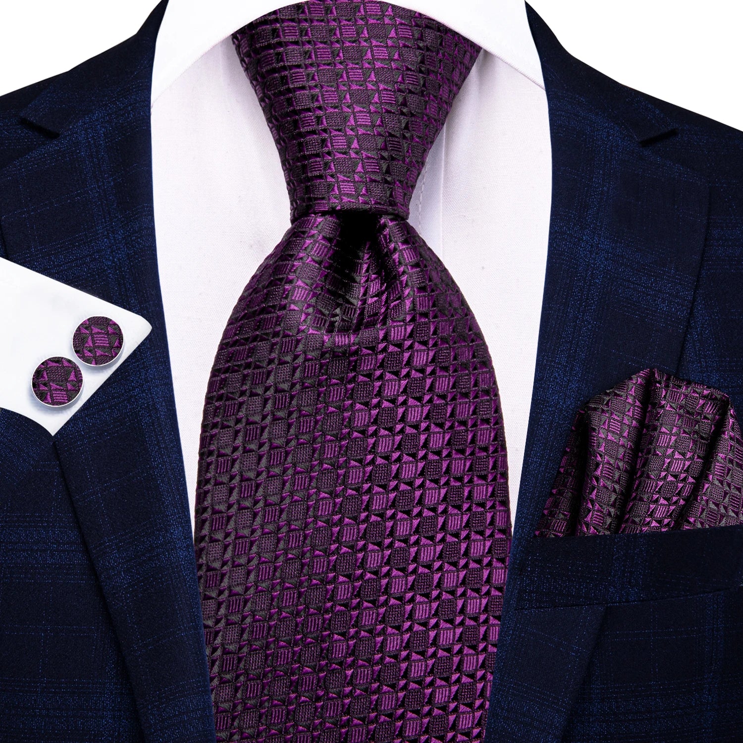 Hi-Tie Fashion 8.5cm Blue Plaid Dots Men's Elegant Tie Handkerchief Cufflinks Set Wedding Party Accessories Gift for Men Gravats Qme N-3905