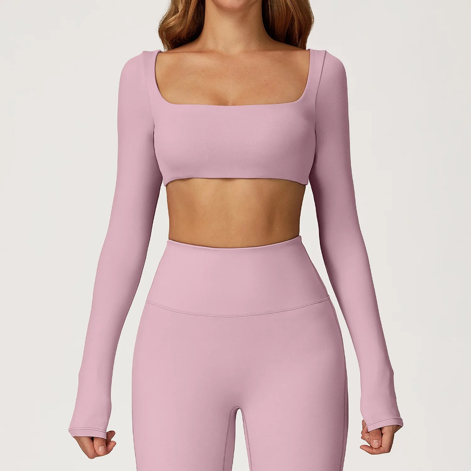 A Summer Casual Quick Dry Sportswear Women Square Neck Gym Top Women Fitness Sports Crop Top Long Sleeve Yoga Clothing Qme Rose purple XL