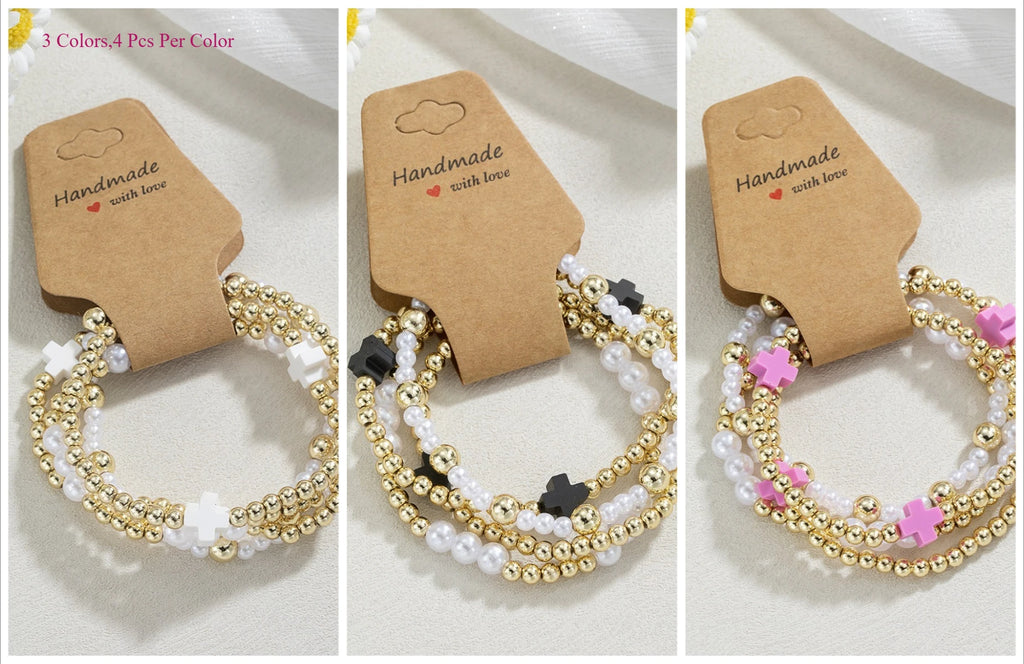 12-Piece Set Fashion Fashion Cross CCB&Seed Beaded Handmade Kraft Paper Bracelet Women Boho Stackable Wrist Jewelry Gift Qme PF-03081012