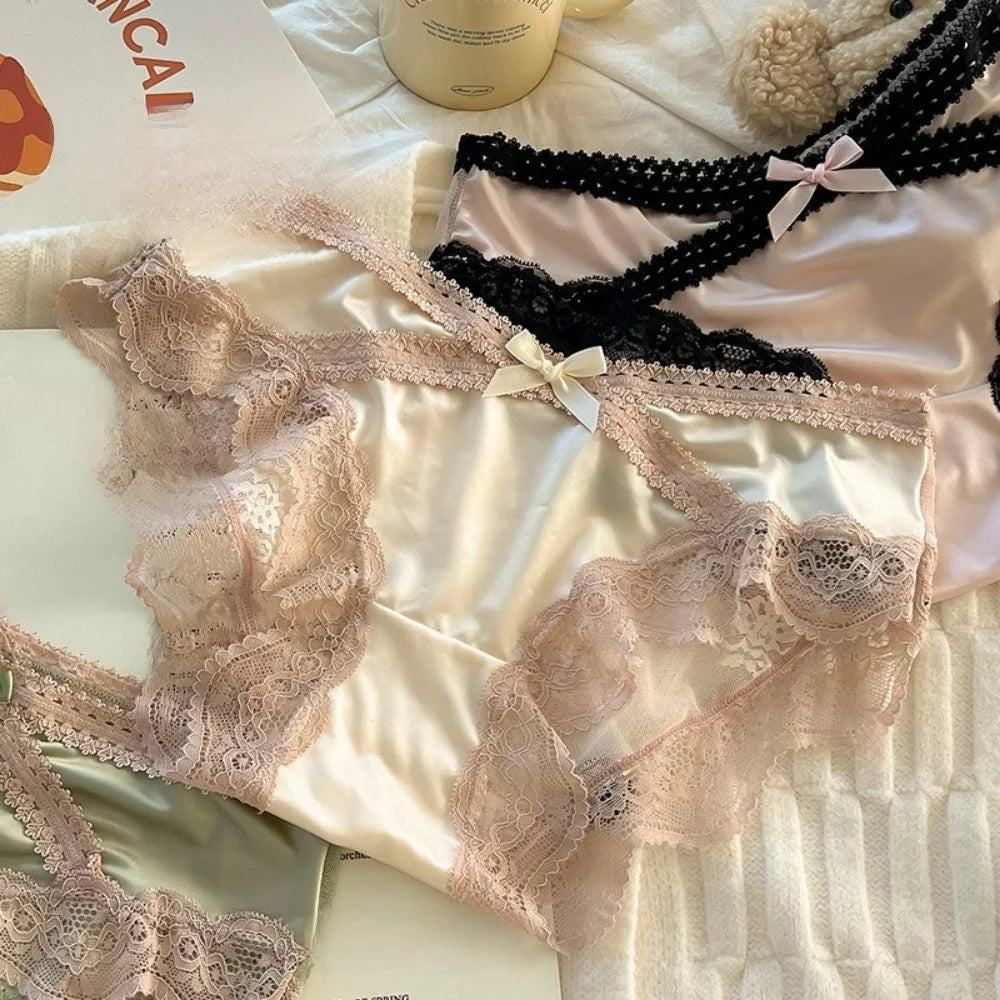 Underpants Low Waist Lace Briefs Mesh Sweet Ice Silk Panties French Style Underwear Triangle Panties Girls Underwear Qme
