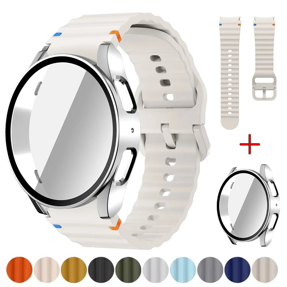 Original Silicone Band +Case for Samsung Watch 7 40mm 44mm Sport Bracelet For Galaxy Watch Strap 6 40mm 44mm Screen Protector Qme