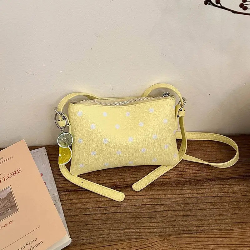 Color PU Leather Crossbody Bag Black Polka Dot Print Cute Fruit Charm For Daily Shopping Dating Casual Trips Qme A6