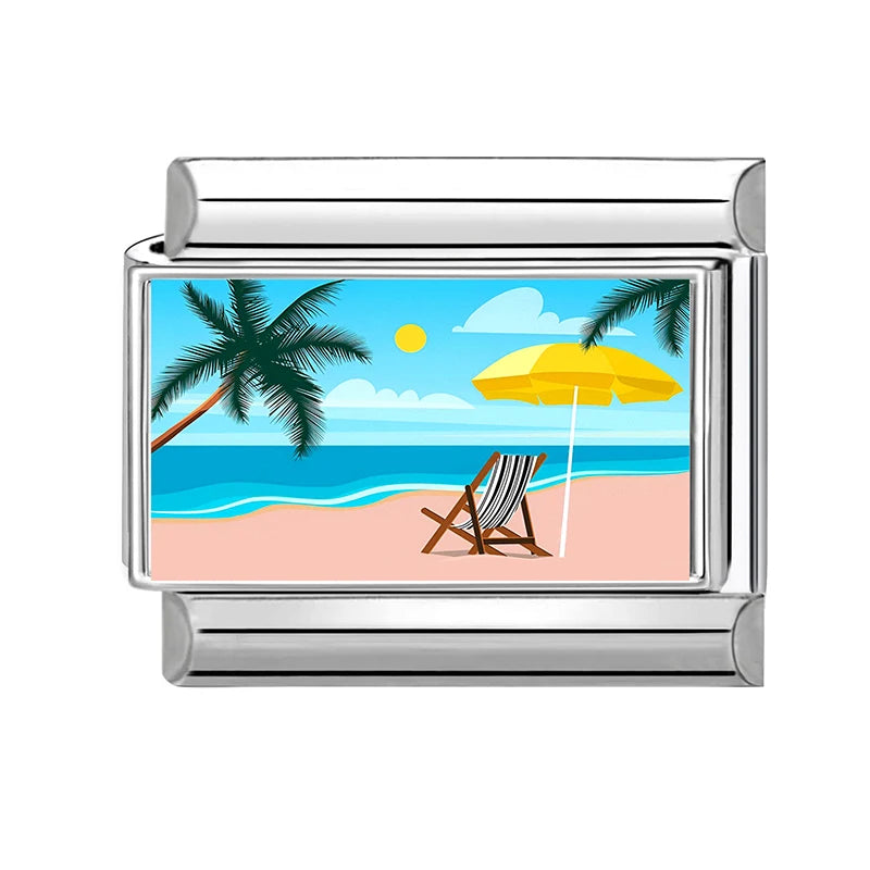 Fashion Colorful Scenery Boat Swan Lake Snow Mountain Charm Italian Link 9mm Bracelets Bangle Stainless Steel DIY Making Jewelry Qme Style 40