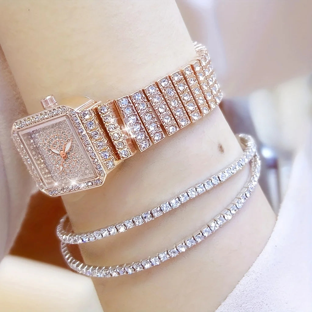 3pcs/set Ladies Watch Luxury Women Watch Crystal Rhinestone Watches Quartz Stainless Steel Strap Wristwatch Square Dial Wrist Qme