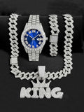 Crown King Necklace with Diamonds Hip Hop Full Diamond Steel Belt Quartz Men's Watch Diamond Cuban Bracelet Qme Multicolor