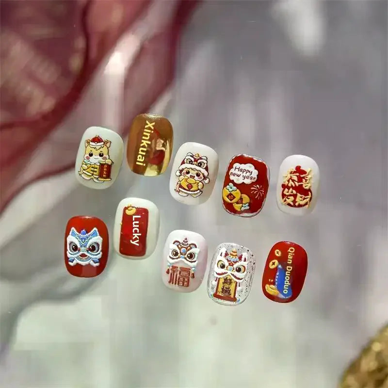 Cute Chinese Year Horse Lion Dance Bow Nail Art Print Stickers Lucky Qme