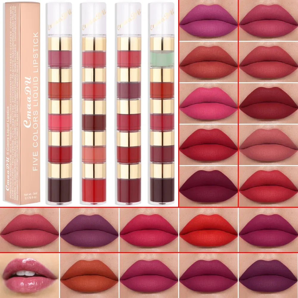 5 In 1 Matte Lipstick Kit Combo Strip Velvet Sexy Red Lip Tint Non-stick Cup Lip Gloss Lip Oil Makeup Lips Cosmetic Set Qme