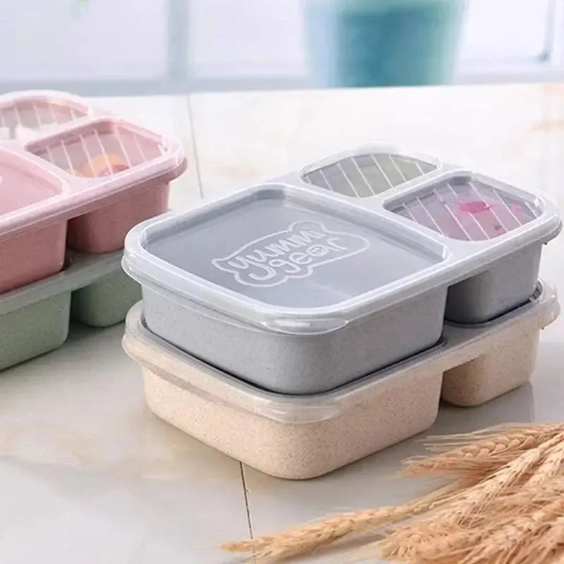 Portable Lunch Wheat Straw Box Single Layer 3 Grid Lid Microwave Food Qme