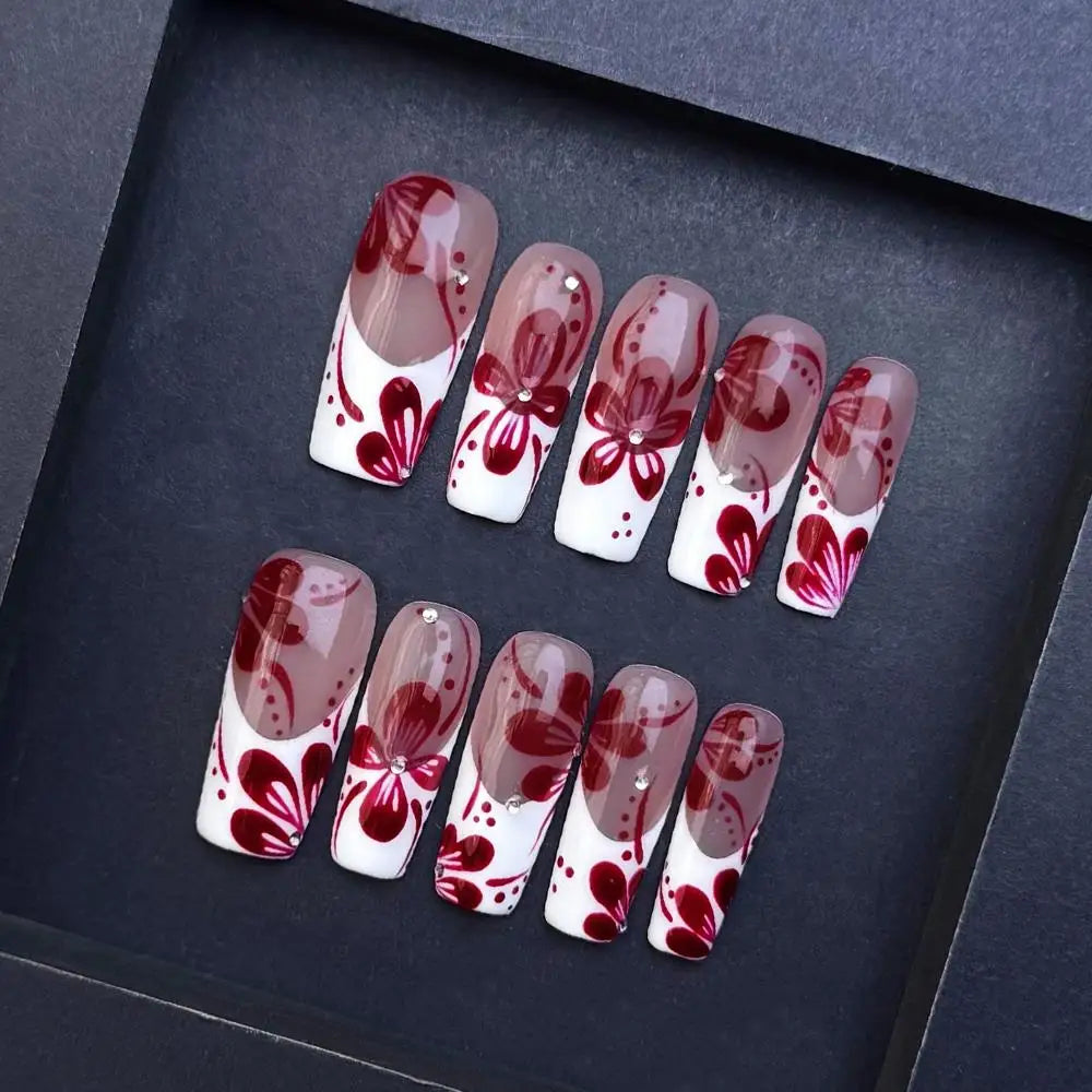 Handmade Wine Red Retro Flower Press Nails Diamond Design Medium Qme