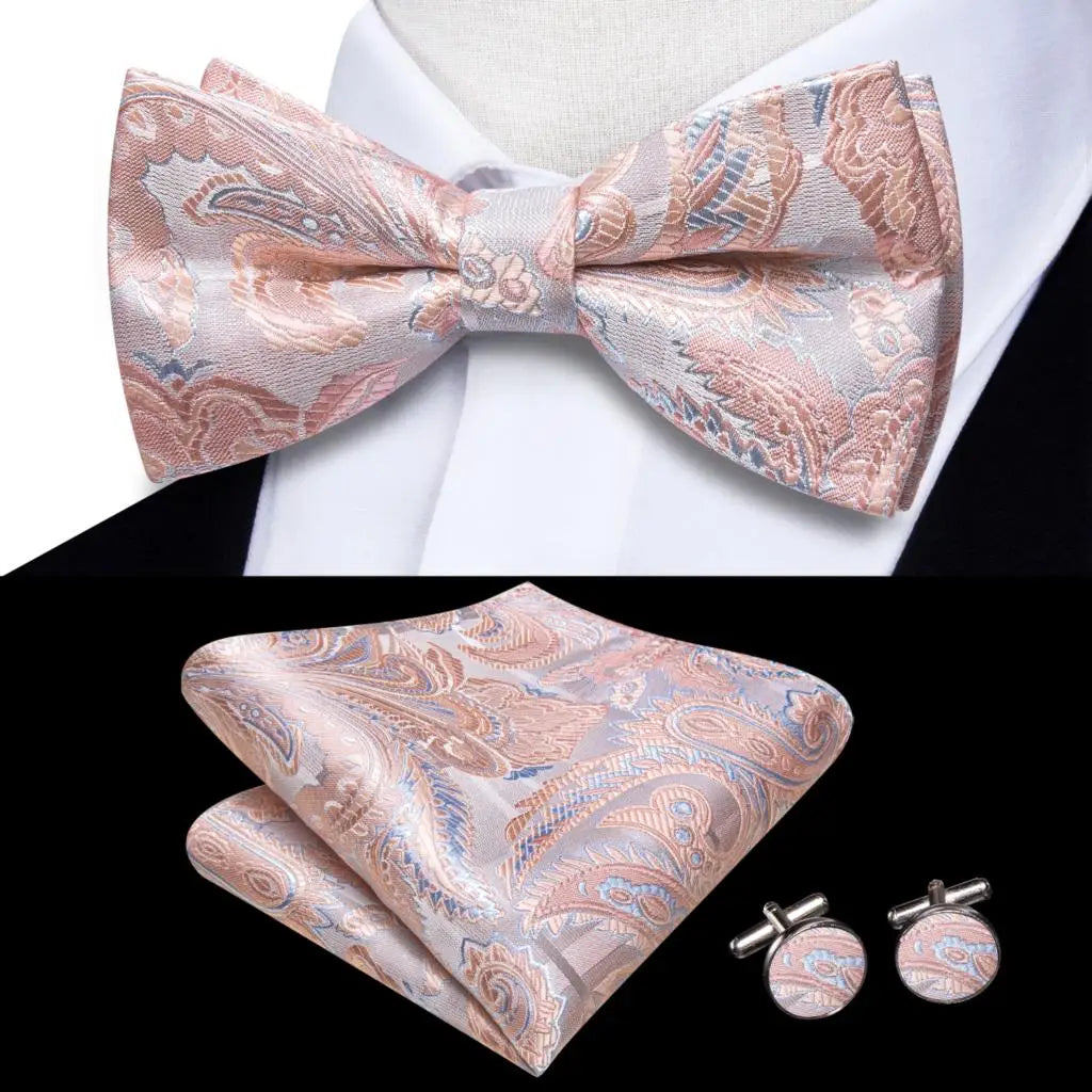 Hi-Tie Striped Black Red Mens Bow Tie Hankerchief Cufflink Pre-tied Silk Butterfly Knot Bowtie for Male Business Party Wholesale Qme S1-LH-2578