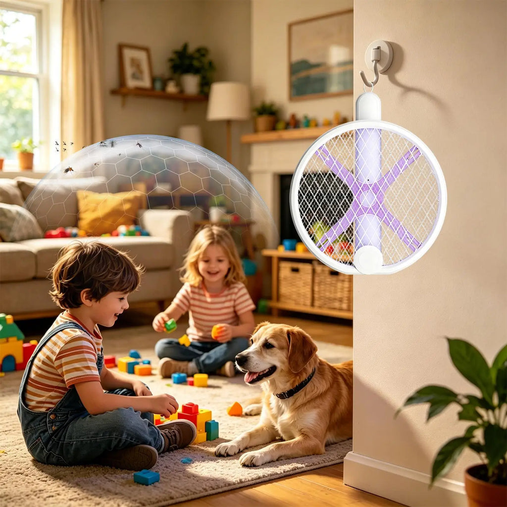 Electric Fly Swatter Rechargeable 2-in-1 Foldable Gnat Zapper Racket With Attractant Light Portable Electric Fly Swatter For Qme