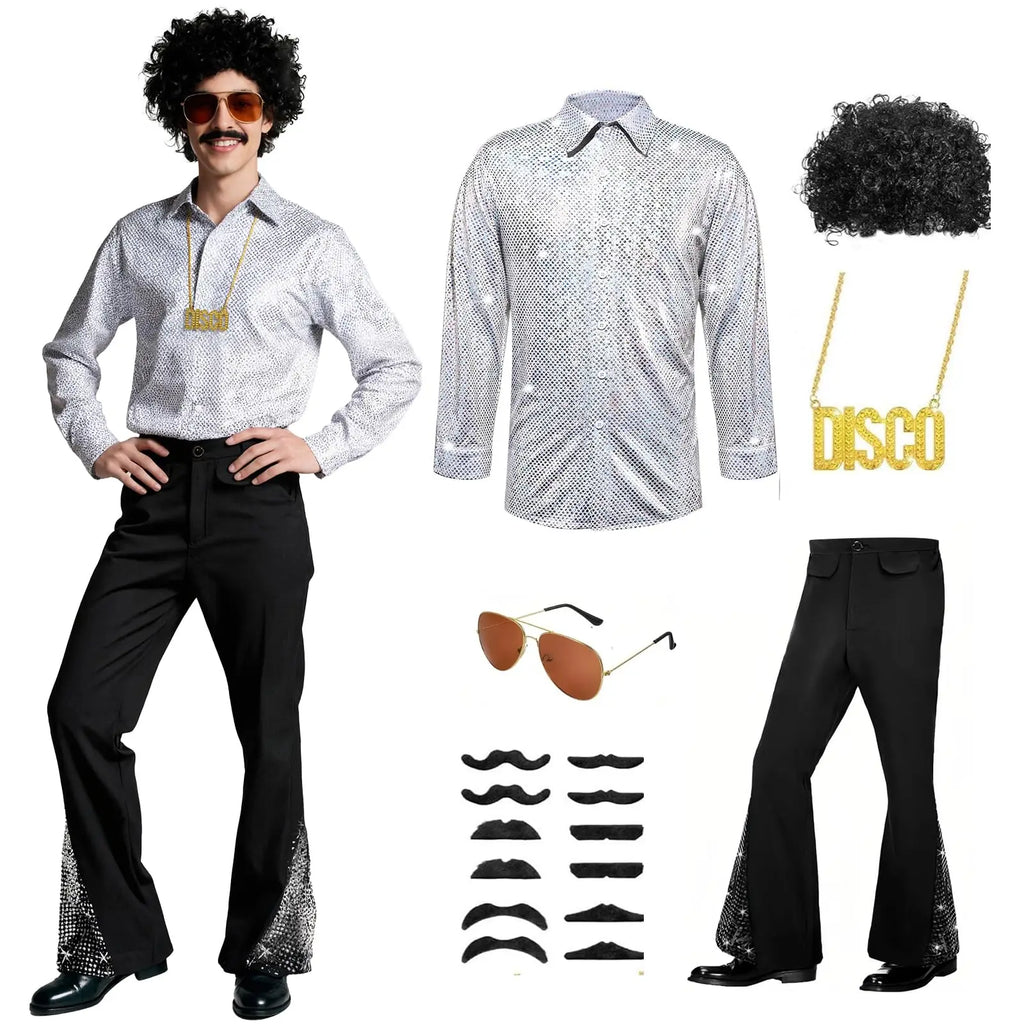 Disco Costume Men 70s Fancy Dress Costume Set with Sequin Shirt Necklace Glasses Beard Outfit Halloween Costumes For Adults Qme WHITE XL