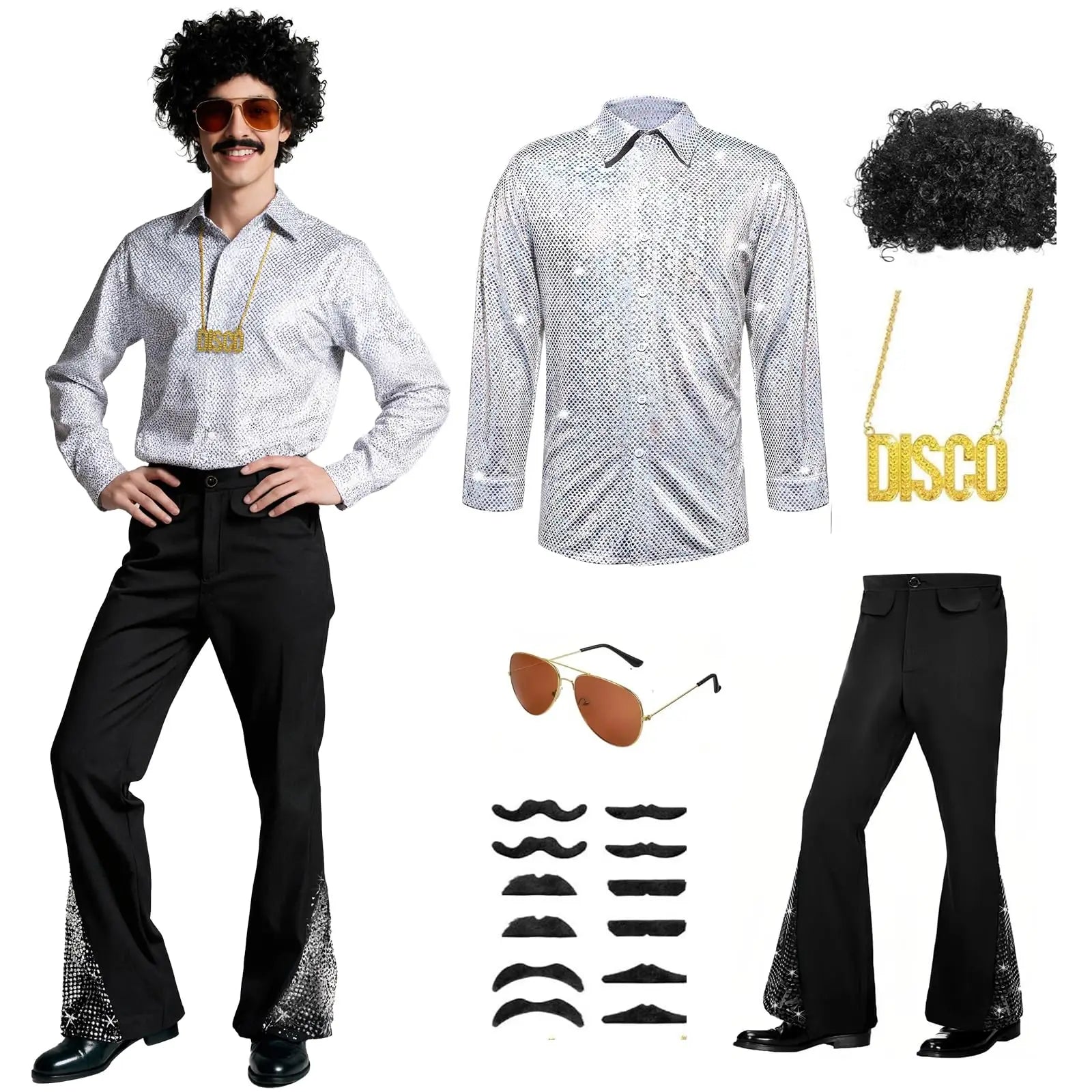 Disco Costume Men 70s Fancy Dress Costume Set with Sequin Shirt Necklace Glasses Beard Outfit Halloween Costumes For Adults Qme WHITE XL