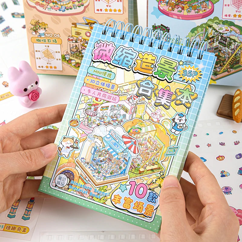 35 Pcs Scene Cartoon Diy 3D Landscape Sticker Book Cabin Scene Pocket Sticker Festival Birthday Gift to Student Kid Child Qme D