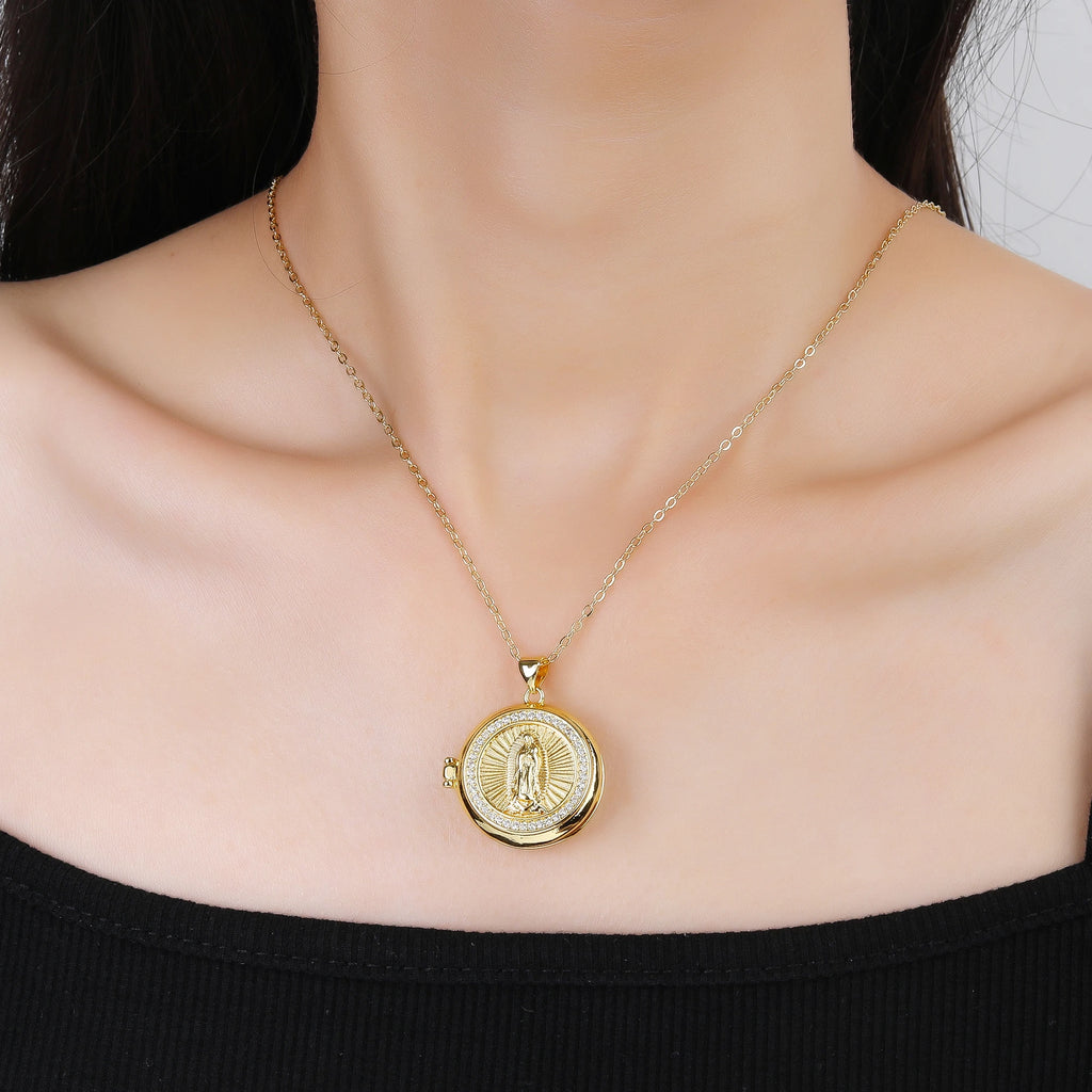 New Trendy Openable Religious Virgin Mary Saint Jude Zircon Photo Box Pendant Necklace for Female Male Daily Party Jewelry Qme
