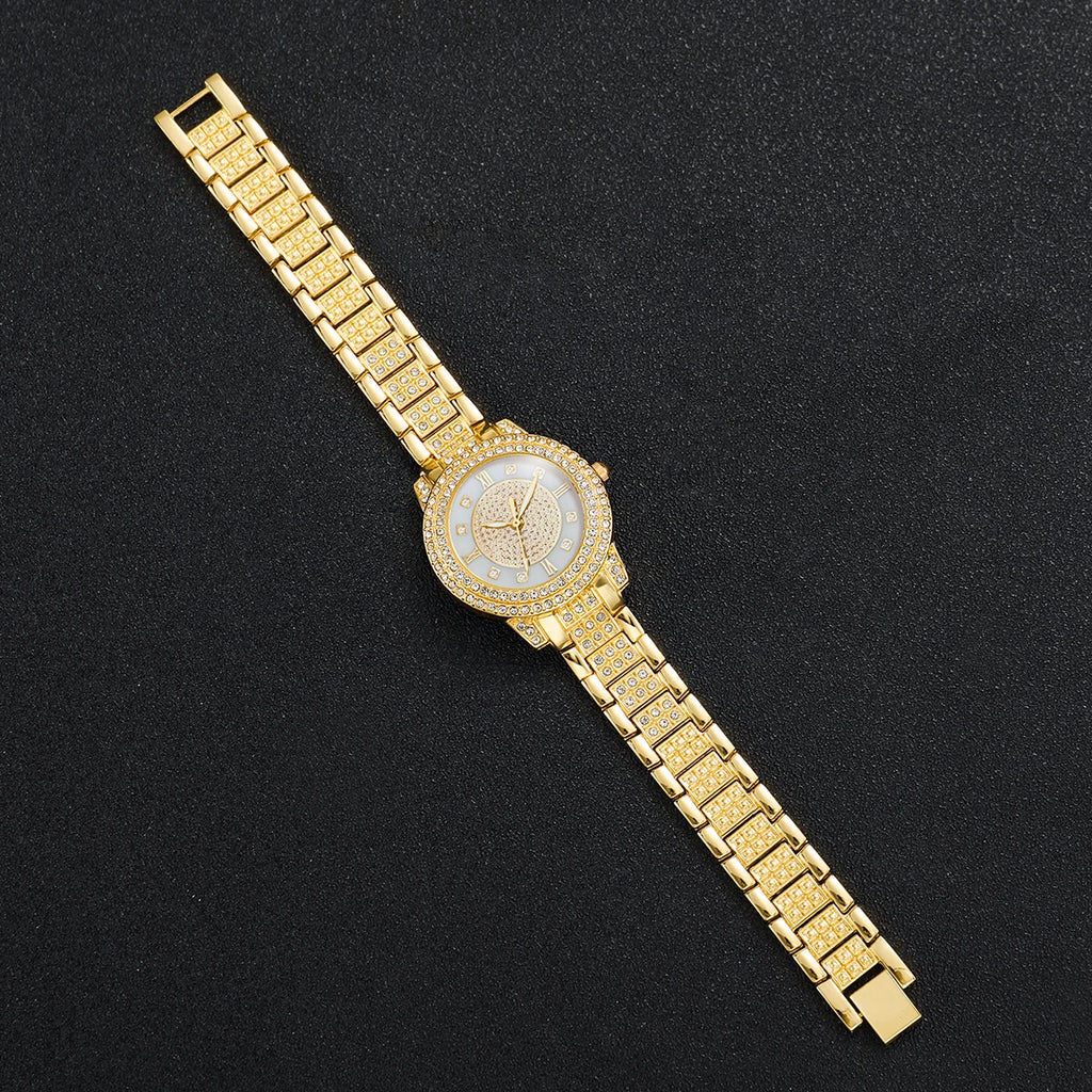 2PCS Fashion Full Diamond Women's Watch Roman Dial Steel Band Female Quartz Watches Set（Without Box） Qme