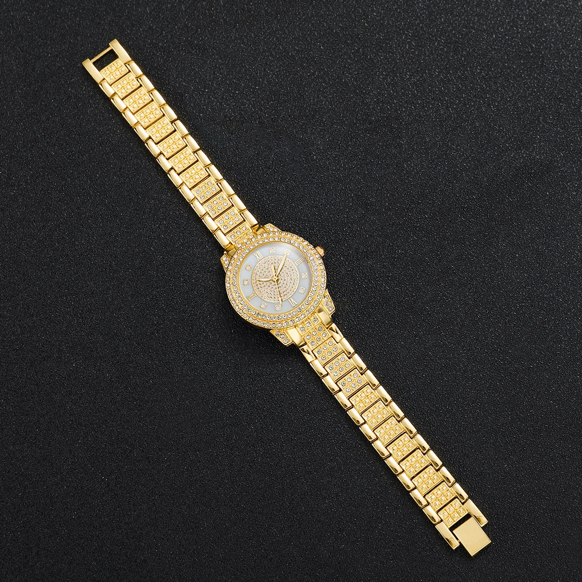 2PCS Fashion Full Diamond Women's Watch Roman Dial Steel Band Female Quartz Watches Set（Without Box） Qme