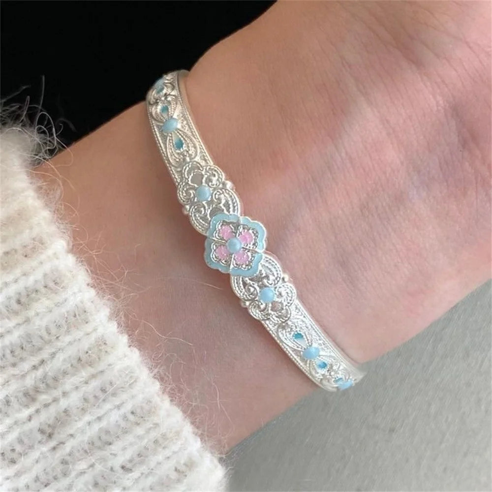 Chinese Style Fresh Retro Enamel Court Opening Bangle Bracelet Simple and Versatile Fairy Jewelry Bracelet Gift Qme