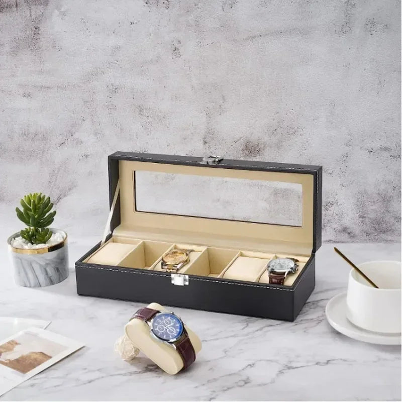 Hot Sale PU Leather Display Storage Collection Organizer watch box Case With Glass Top Slot Men Watch Bracket Display Box Gifts Qme