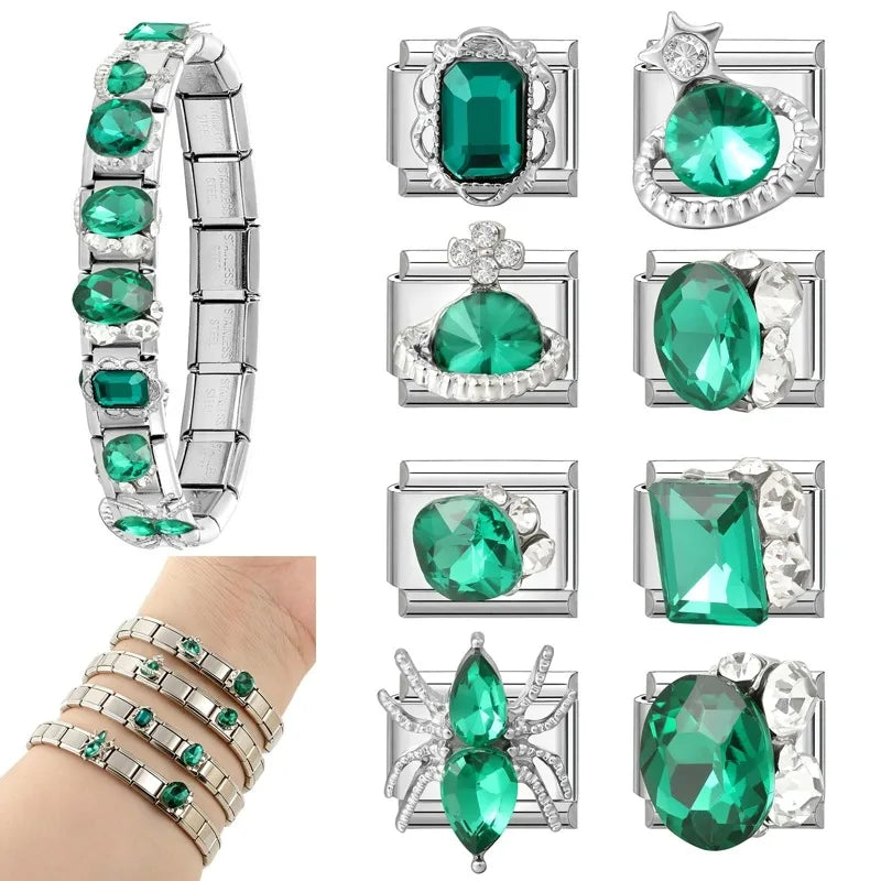 Trendy Green Emerald Inlay Zircon Shiny Italian Charm Link Fit 9mm Stainless Steel Bracelet DIY Making Men Women Jewelry Gifts Qme