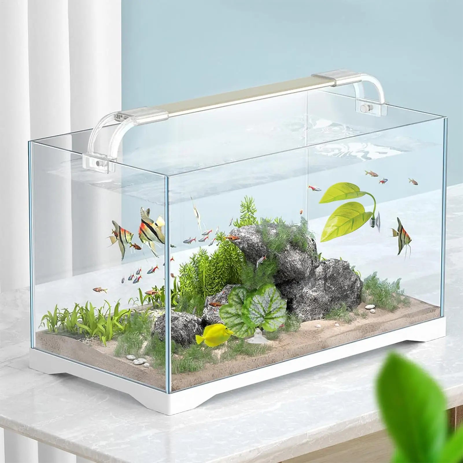 Aquarium bucket fish leaf with suction cup simulation water grass decoration leaves artificial lightweight fish leaf hammock Qme