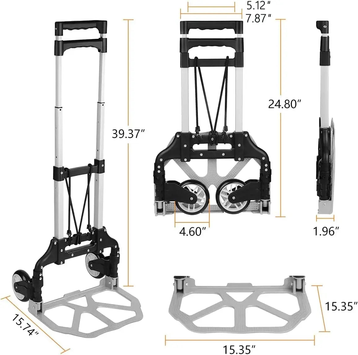 Folding Hand Truck, Heavy Duty Luggage Cart, Lightweight Portable Aluminum Luggage Cart with Telescoping Handle 165 lbs Capacity Qme