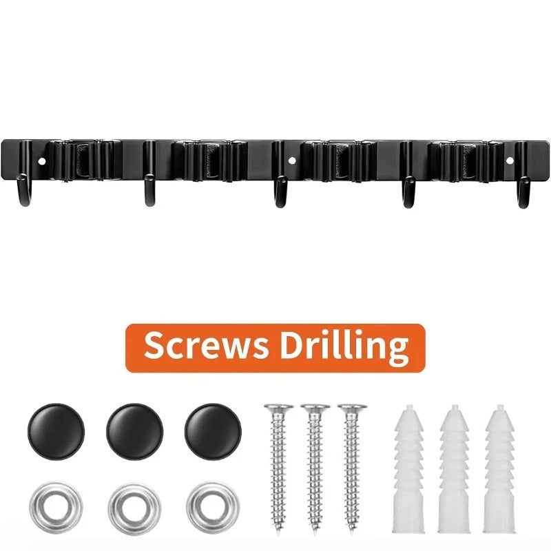 1 Heavy-Duty Metal Tool Rack with 4 Slots and 5 Hooks - Wall-Mounted Garden Tools, Broom, Mop and Garage Equipment, Tool Rack St Qme black