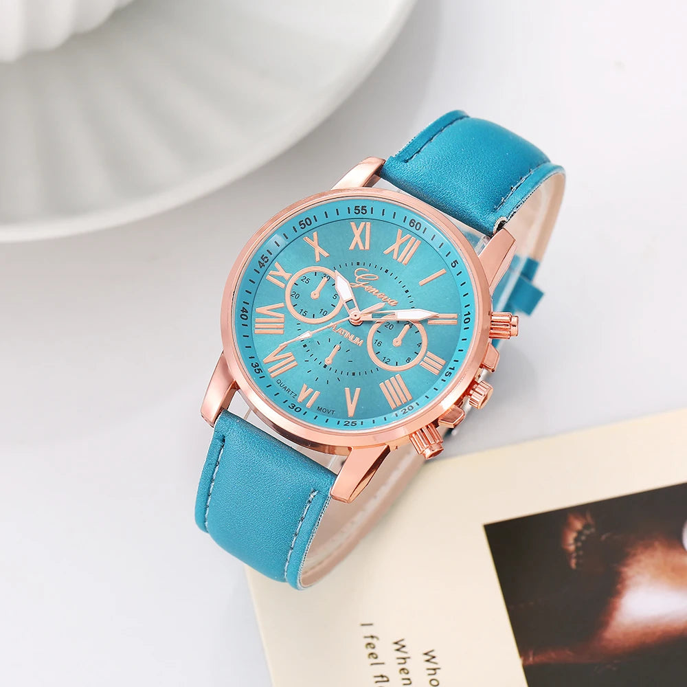 New Women's Watch with Belt Geneva Quartz Watch Belt Fashion Women's Watch Scale Watch 6pcs Qme 5