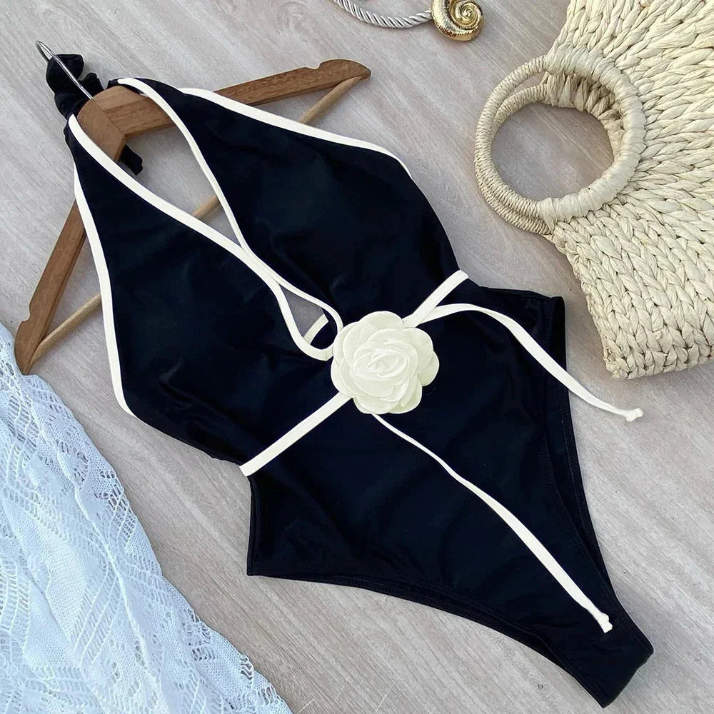 Floral One Piece Swimsuit 2025 New Halter Bandage Swimwear Women Swimsuit Bathing Suit Beachwear Monokini Female Swimming Suits Qme