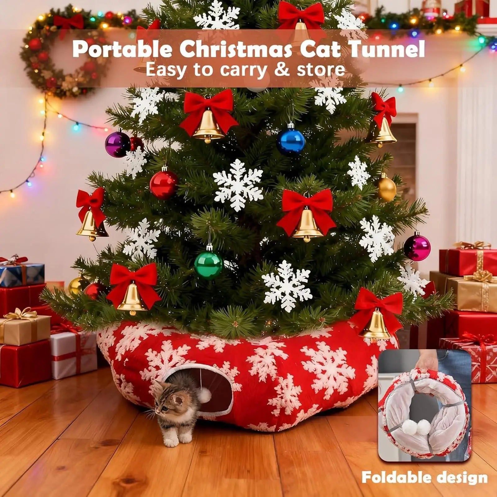 Christmas Tunnel Cat Bed Kitten Donut Nest Kitten Tunnel Cushion Indoor for Living Room Balcony Enrichment Home Bedroom Exercise Qme