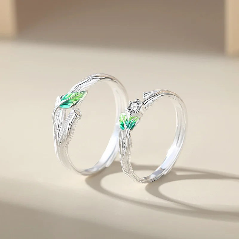Sweet Simple Green Leaves Young Couple Ring For Women Lover Silver Color Open Resizable Rings Romantic Wedding Jewelry Qme
