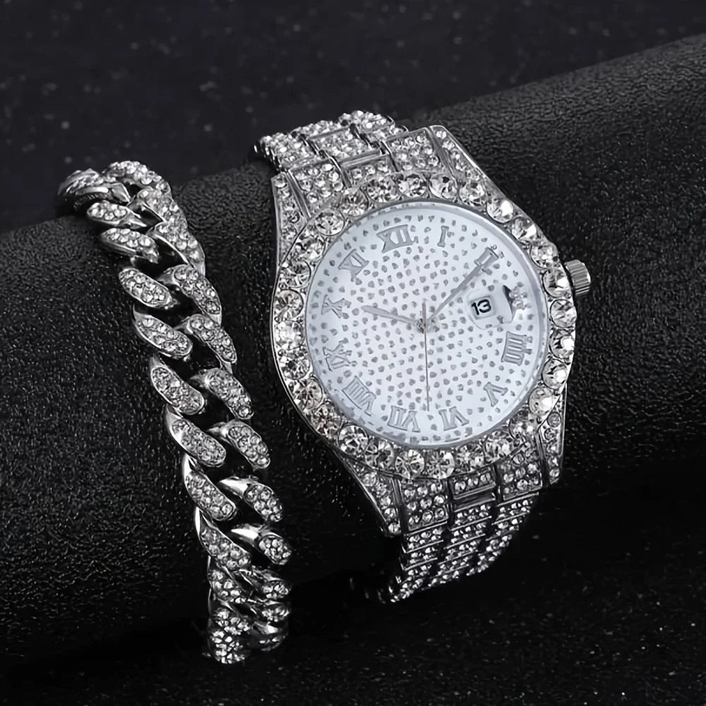 2pcs/set, Rhinestone Studded Calendar Ladies Quartz Watch And 1pc Rhinestone Jewelry Set Qme