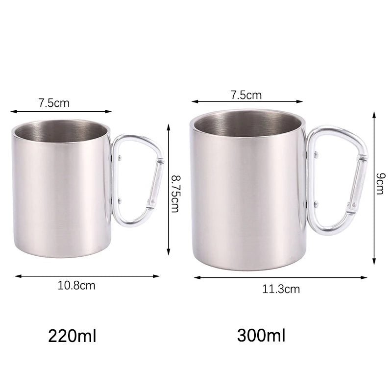 220 Camping Travel Stainless Steel Cup Carabiner Hook Handle Picnic Qme