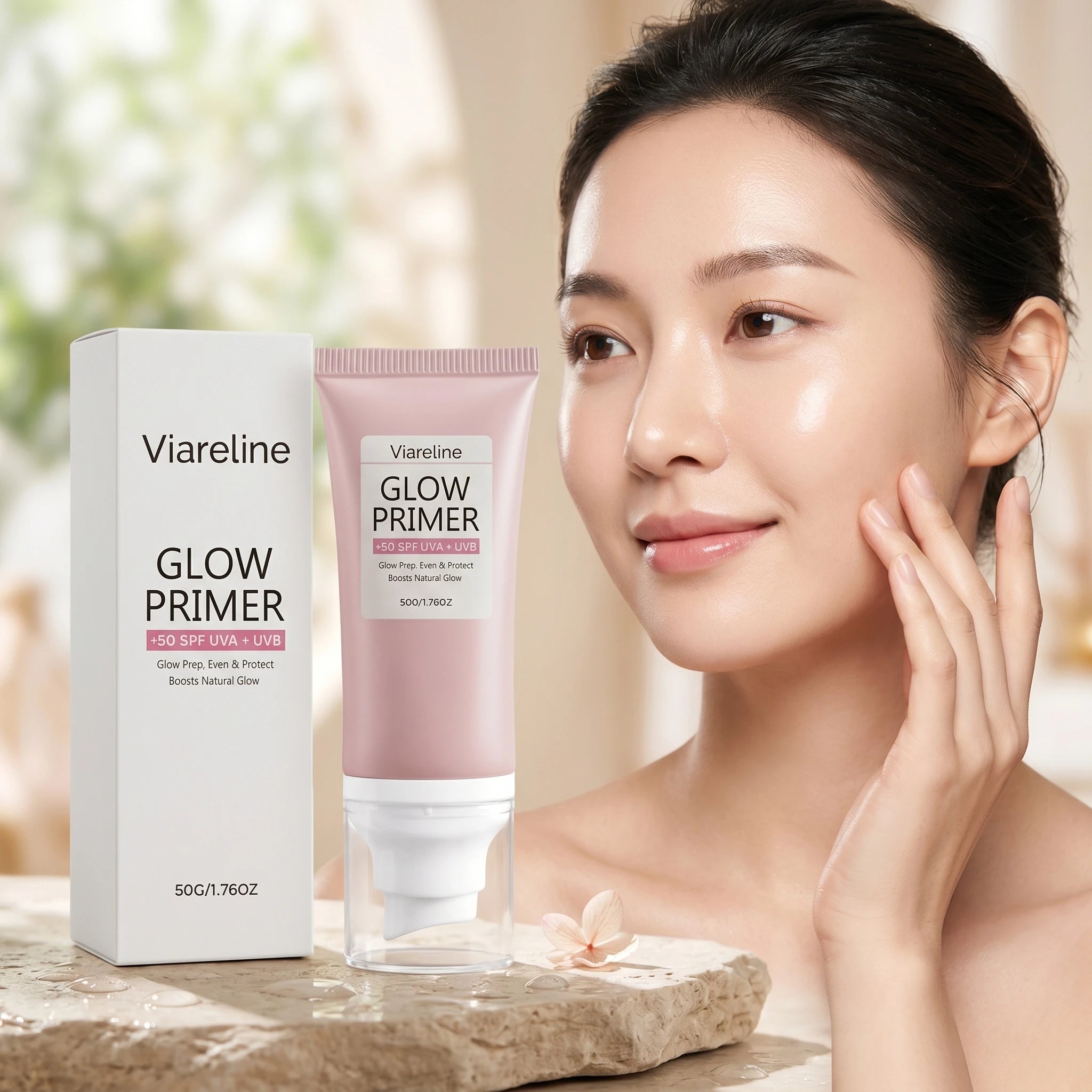 Viareline Glow Primer Makeup Base Spf 50 for Face Brightening Anti UV Protection Oil Control Nicotinamide Invisible Pore Primer Qme