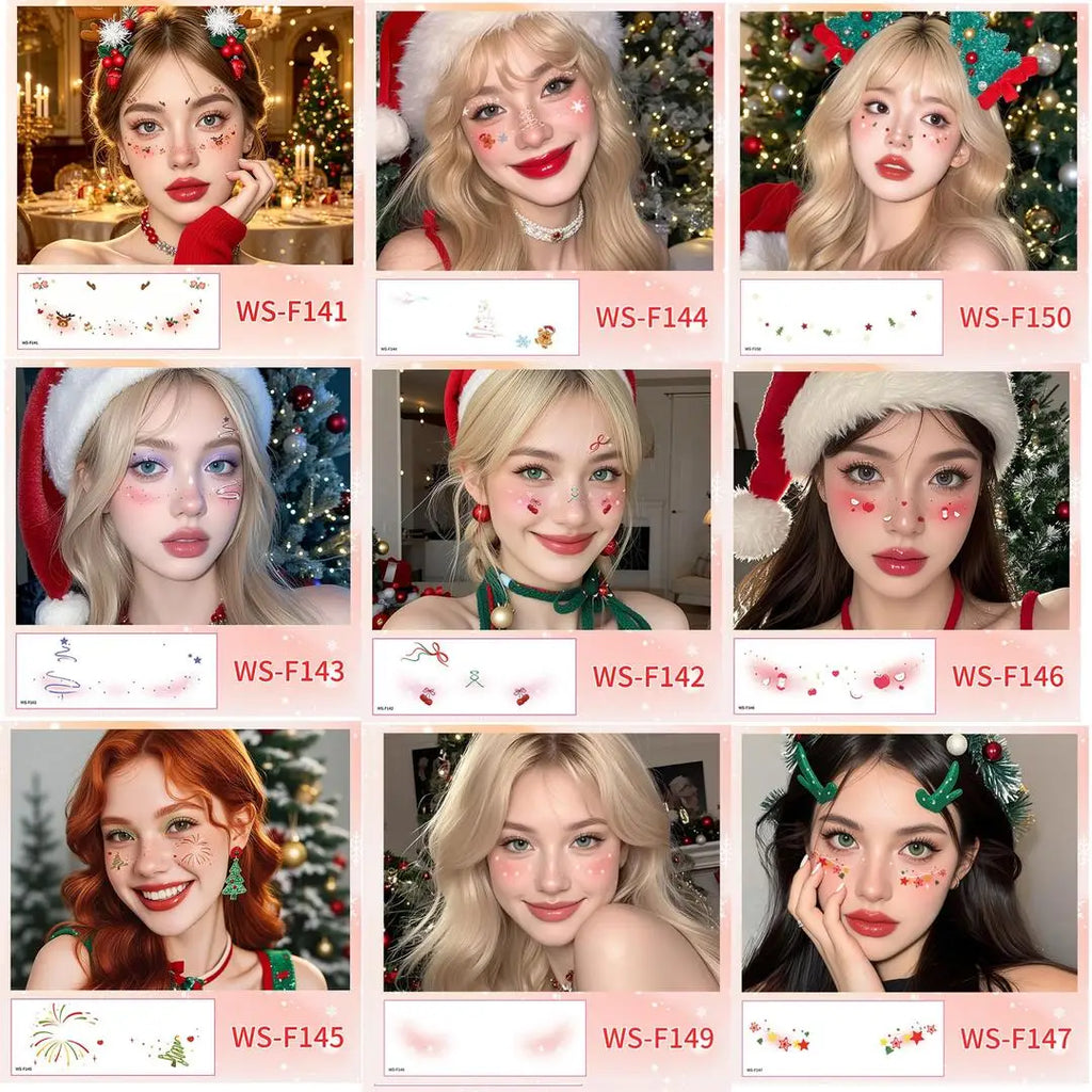 A New Stock Christmas Face Tattoo Stickers, Waterproof Sweatproof Creative Makeup Decals for Xmas Party Ball Event Cosplay Qme 9pcs WS-F142F150