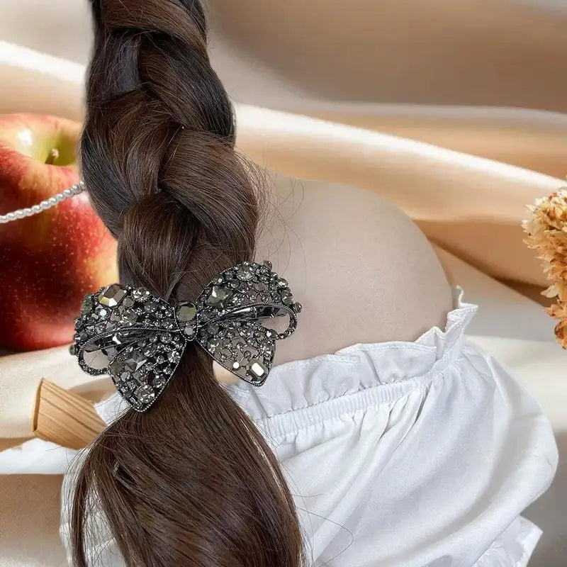 Shiny Rhinestone Hollow Bow Hairpin High-end Black Crystal Side Bangs Qme