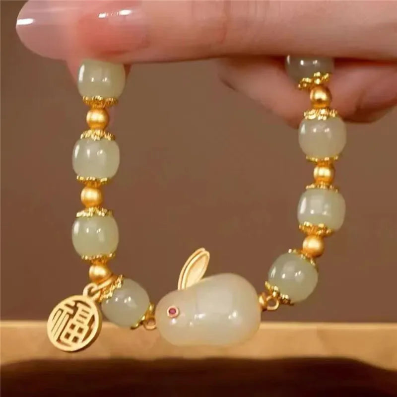 b05 Fu Character Jade Hare Imitation Hotan Jade Bracelet Fashion Women's Cute Rabbit Glass Beaded Bracelet Retro Jewelry Gifts Qme