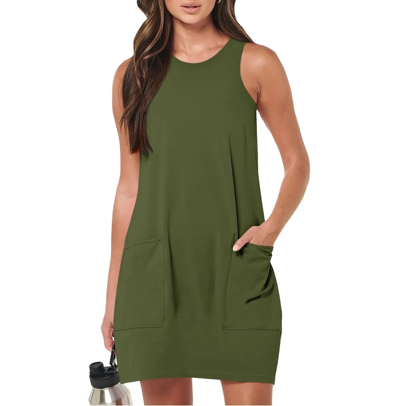 Summer Casual Solid Colour Vintage Sleeveless Round Neck Sundress With Pockets For Women Short Beach Vacation Tank Dresses Qme Army Green S