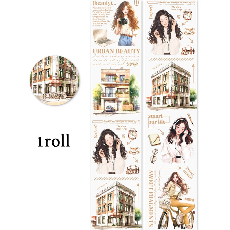 Watercolor Forest Style Girl & Park Landscape Washi Tape, Junk Journal Collage Base, Photo Album Decoration DIY Craft Supplies Qme A